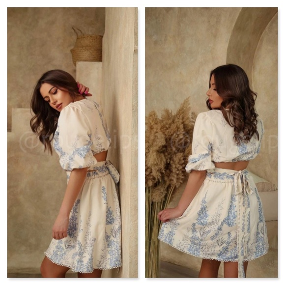 Floral Blue on Cream Light Beige Puff Sleeve Cut Out Waist Mini Dress - Picture 13 of 16